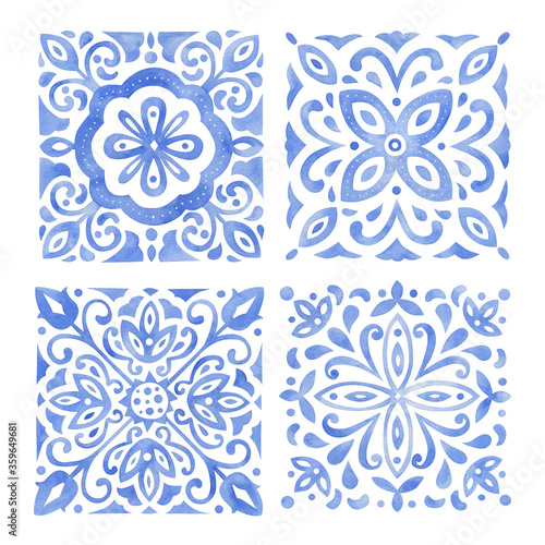 Watercolor set of blue ornaments in ethnic style. Bright floral compositions. Tile design.