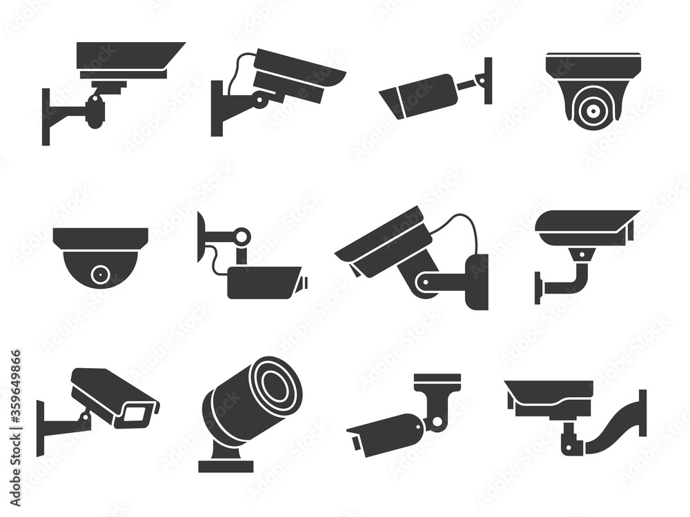 Cctv icons. Security camera, guard equipment video surveillance, private  and industry observe warning crime, digital safety vector signs Stock  Vector | Adobe Stock
