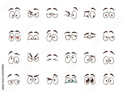Cartoon eyes. Comic character eye expressions smiling, crying and surprised. Caricature doodle emotions. Isolated vector illustration icons set