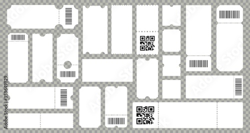 Concert movie theater ticket template. Empty lottery cardboard coupons. Templates with barcode or qr code. Vector isolated set