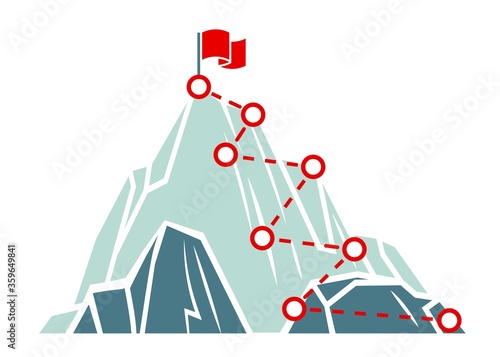 Mountain climb path. Business success concept. Climbing route to peak. Outdoor activities trekking or hiking. Road to goal. Flat vector illustration