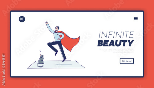 Funny man in red cape dreaming to be super hero over template landing page for imagination banner
