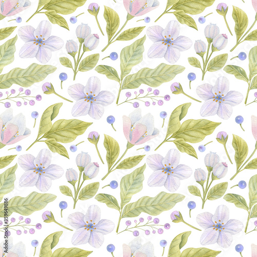 Watercolor seamless pattern with flowers, buds and leaves on the light background. Bright watercolor illustration.
