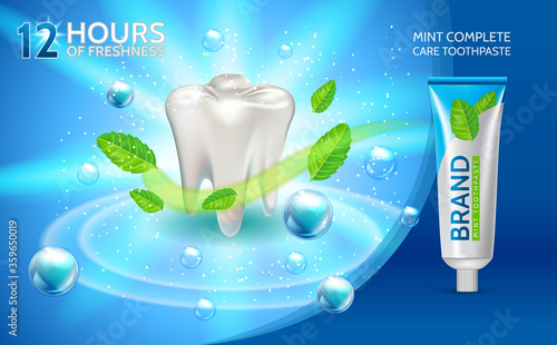 Mint toothpaste ads. Vector 3d Illustration with toothpaste white tooth and mint leaves flavour toothpaste with green mentol freshness. Horizontal banner with product mock up. Cosmetic package.