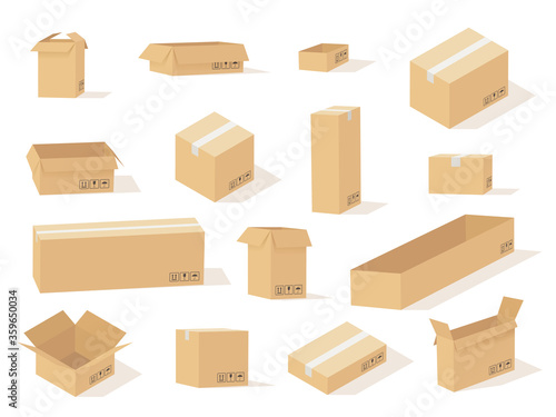 Cardboard box. Boxes open and closed different size, front view and various angles carton packaging, delivery cargo vector set