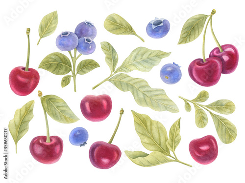 Watercolor set of cherries, blueberries and leaves on the light background. Bright watercolor illustration of berries.