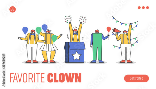 Landing page with group of funny clown characters in costumes for circus show or party