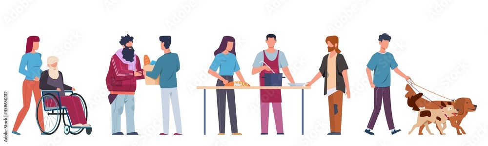 People volunteer. Volunteering and supporting people, social workers help elderly and sick people walk, ride wheelchair vector set People volunteer. Volunteering and supporting people, social workers help elderly and sick people walk, ride wheelchair vector set
