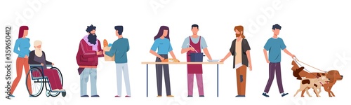 People volunteer. Volunteering and supporting people, social workers help elderly and sick people walk, ride wheelchair vector set