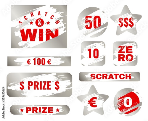 Scratch card. Scratches with brush effect suitable for instant prize game. Lottery win ticket, gambling coupon vector metallic texture