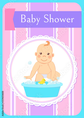Baby shower greeting card, infant bathing in basin with water, new born child. Toddler milestones from 6 to 12 take a bath with rubber yellow duck