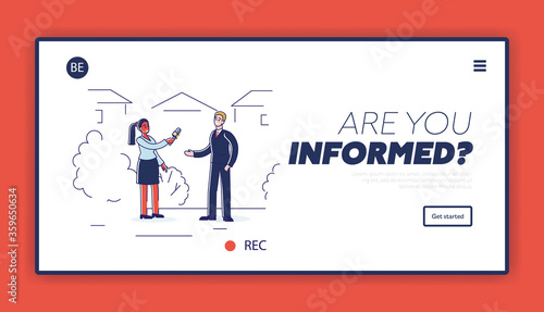 News landing page design with female journalist interviewing man live during tv broadcast