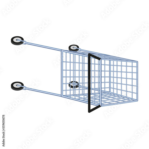 Lying grocery cart on wheels isolated on white. Fallen food basket made of wire. Vector EPS10.