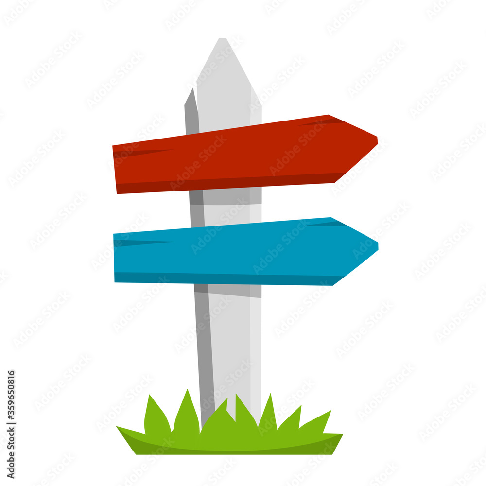 Path pointer with red plate. Route information Index. Cartoon flat illustration. Green grass. Direction way. Turn right. Element of road Path pointer with red plate. Route information Index. Cartoon flat illustration. Green grass. Direction way. Turn right. Element of road