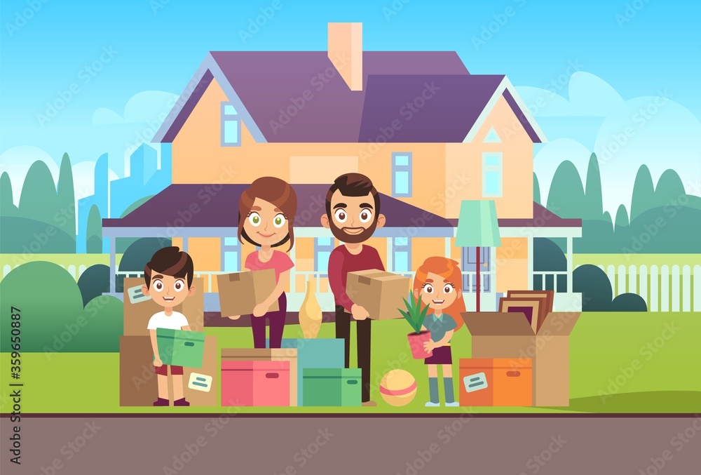 Family house. Moving to new apartment happy young parents father mother son daughter kids outdoors front home building lifes vector illustration