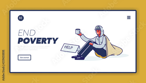 Landing page with poverty concept and homeless african american man begging for money
