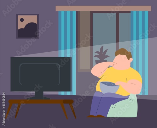 Eating addiction. Fat man sitting in chair and eating fast food. Concept of obesity, binge eating disorder. Flat cartoon vector illustration