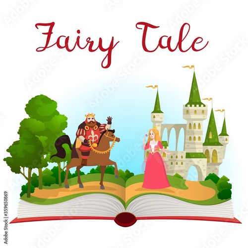 Fairy tale castle book. Open book with fantasy kingdom tower, prince on horse and princess near palace. Cartoon vector kid illustration