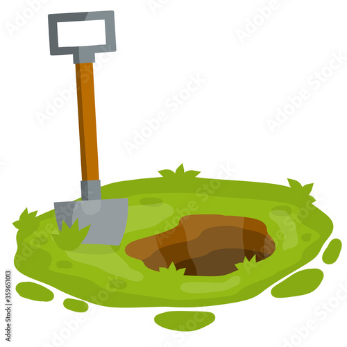Shovel on green lawn. Digging hole in garden. bed and tool of farmer. Summer season. Cartoon flat illustration