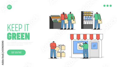 Buyers in shop using eco bags for purchases. Landing page with zero waste and recycling concept