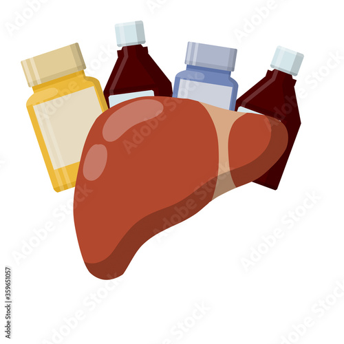 Liver and packaging of medications. Treatment of Internal organ of person. Cartoon flat illustration. Prevention of cirrhosis and hepatitis. Bottle with pills and drug. Health and pharmacy