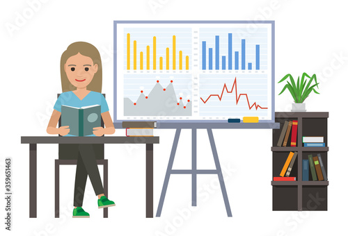 Woman sitting by table and reading book. Business analytics information on board. Finance graphs for appointment. Office room interior with plant and bookshelf. Vector illustration flat style