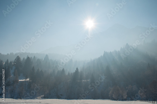 Bright sun over Piatra Craiului mountain with light rays filtred by trees in winter. photo