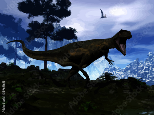 Giganotosaurus dinosaur walking and roaring in the nature © Elenarts