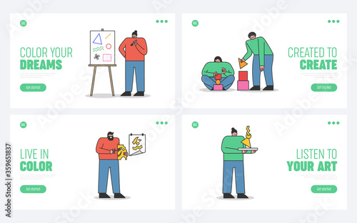 Set of creative artists and art landing pages. Modern artistic hobby website design concept