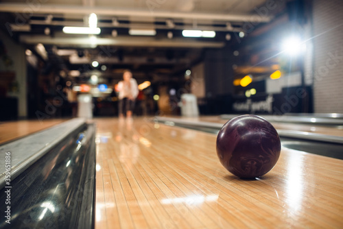 Close up of purple ball on the bowling alley