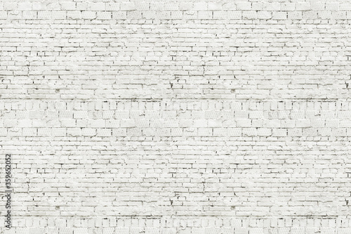 Aged White Grey Paint Brickwall Background. Old White Washed Brick Wall Horizontal Texture.