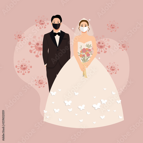 Wedding couple wearing protective mask in the middle of corona pandemic. Wedding cake topper. Flat style background.