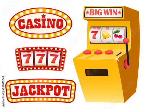 Gambling set vector, casino and jackpot lucky numbers vector. Flat style signboards with inscriptions. Glowing and shining , bulbs, slot machine play