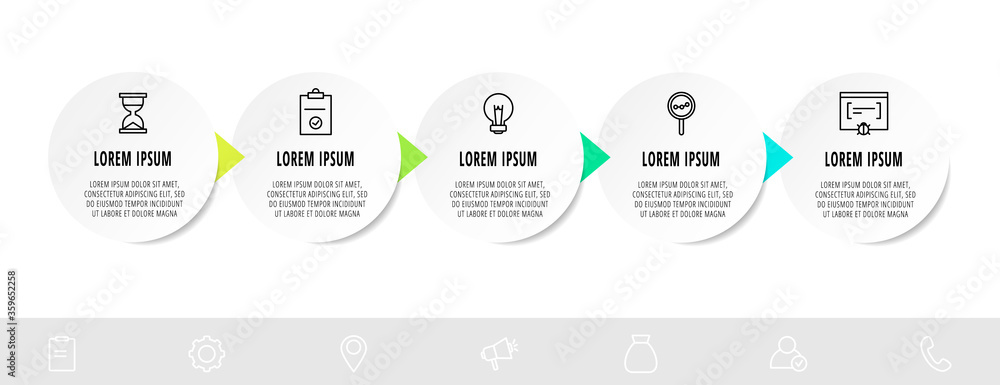 Infographic circles with five steps, arrows. Line vector template. Can be used for diagram, business, web, banner, flow chart, info graph, timeline, content, levels. Infographic circles with five steps, arrows. Line vector template. Can be used for diagram, business, web, banner, flow chart, info graph, timeline, content, levels.