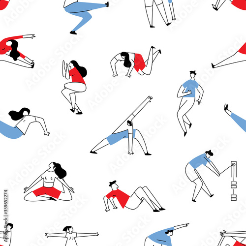 Seamless sport exercising people pattern. Training men and women