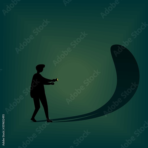 Silhouette of a person in the dark afraid of his own reflection.  Frightened with his own shadow. Facing fear, suppress own ego. Illustration vector