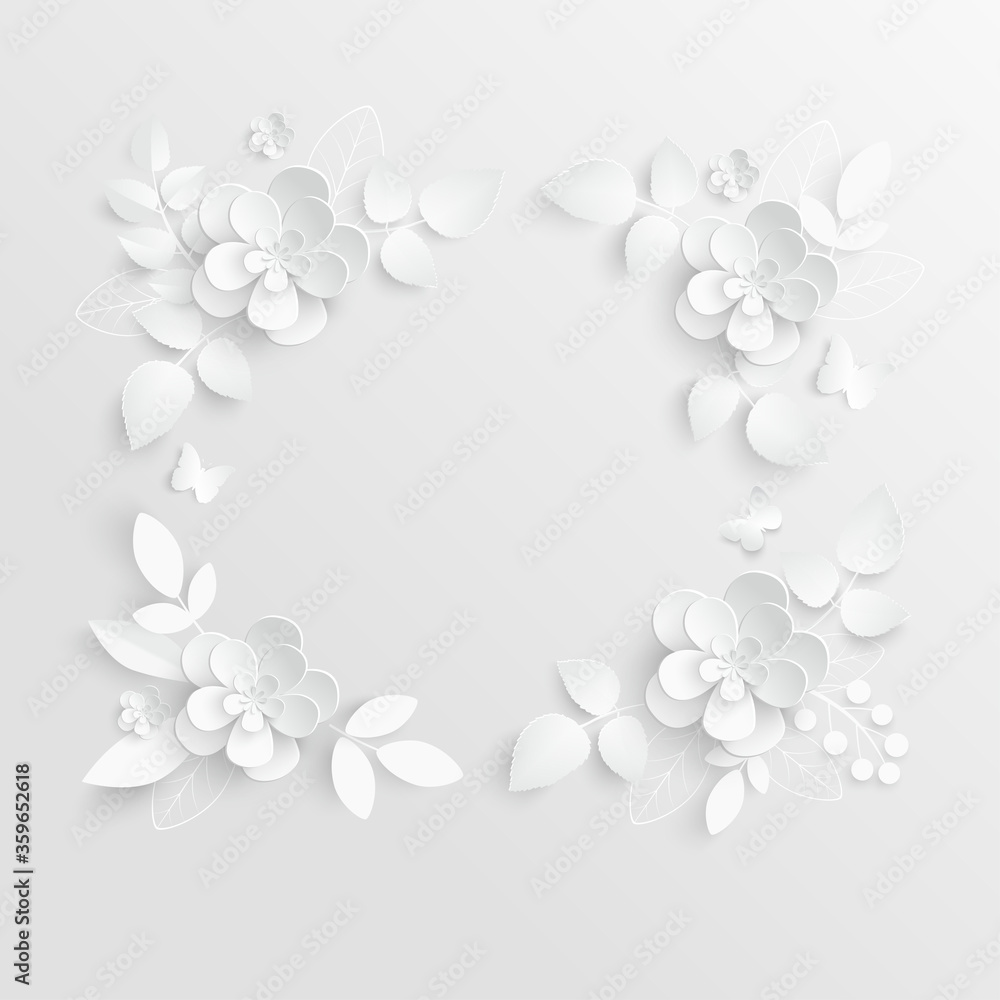Naklejka premium White rose. Square frame with abstract cut flowers. Vector illustration.