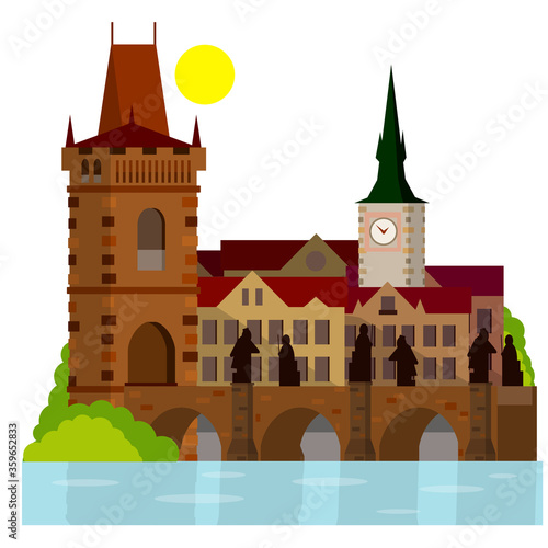 King Charles bridge. medieval landmark of Prague with statues. Crossing the river. Element of center of the urban landscape. Czech culture. place for tourism and travel. Cartoon flat illustration