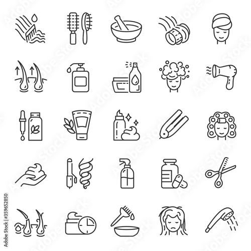 care and maintain healthy hair, icon set. Condition improvement, strengthening, trim and use of shampoo, conditioner, linear icons. Line with editable stroke