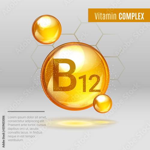 Vitamin B12 gold shining pill capcule icon . Vitamin complex with Chemical formula, group B, Cyanocobalamin, hydroxocobalamin. Shining golden substance drop. Meds for heath ads. Vector illustration.