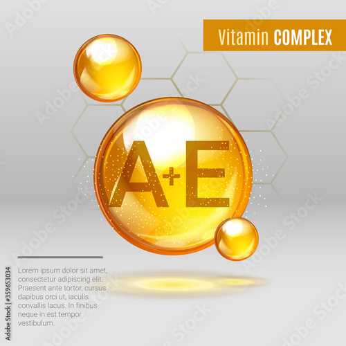 Vitamin A E gold shining pill capcule icon . Vitamin complex with Chemical formula, tocotrienols, retinol, retinal. Shining golden substance drop. Meds for heath ads. Vector illustration.