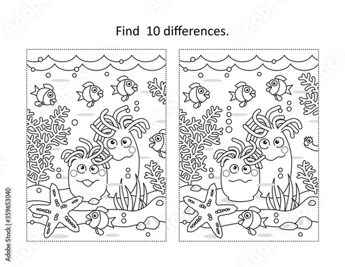 Find ten differences activity page with underwater life scene and anemones
