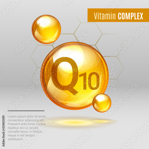 Vitamin Q10 gold shining pill capsule icon . Vitamin complex with Chemical formula, coenzyme Q, ubiquinone. Shining golden substance drop. Meds for heath, beauty ads. Vector illustration. photo