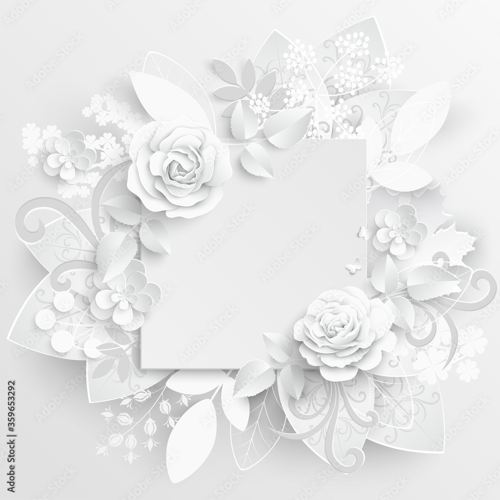 White rose. Square frame with abstract cut flowers. Vector illustration. White rose. Square frame with abstract cut flowers. Vector illustration.