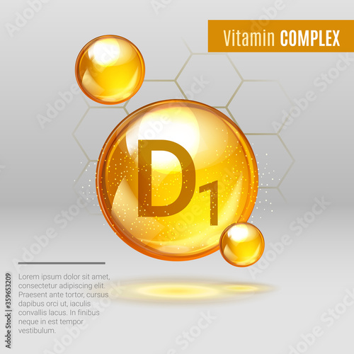 Vitamin D1 gold shining pill capsule icon . Vitamin complex with Chemical formula, group D, cholecalciferol. Shining golden substance drop. Meds for heath ads. Vector illustration.