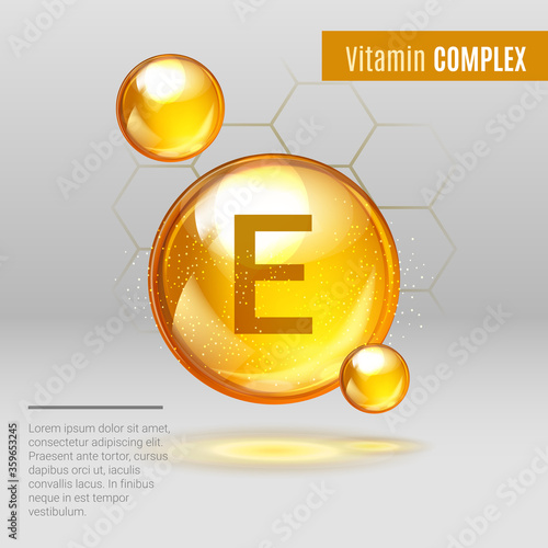Vitamin E gold shining pill capcule icon . Vitamin complex with Chemical formula, Tocopherols, tocotrienols. Shining golden substance drop. Meds for heath ads. Vector illustration.