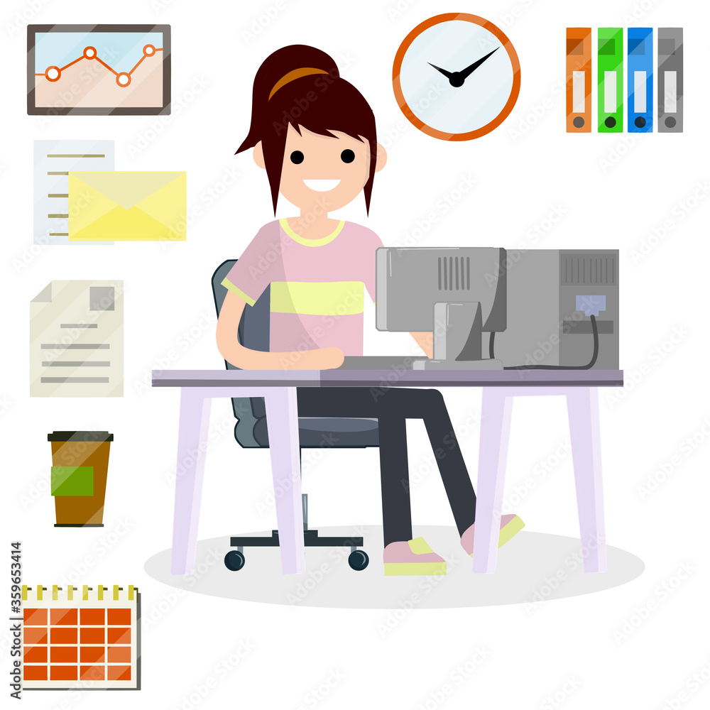 Woman sitg at computer in office. Cartoon flat illustration. Work with PC. Set for business work-schedule, hours, file documents, coffee, calendar. Company employee and office items