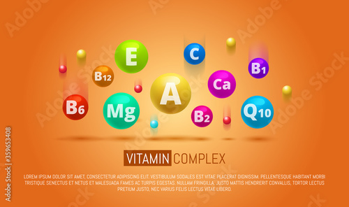 Vitamin Complex Colorful Vector pills capcule. Different vitamins icon in bright rainbow colours. Ca, group B, vitamin A, E, Q10, Mg. Meds for heath ads. Medical image.Vector illustration