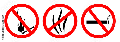 Fire stop sign. Smoke forbidden icon. Cigarette ban. Flame danger symbol. Non ignition. Warning dont tobacco. Flammable forest pictogram. Zone prohibited smoking. Make safety for health. Vector photo