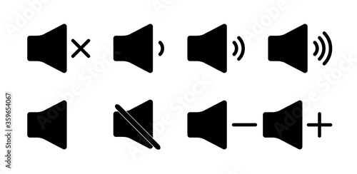 Sound icon mute. Volume and audio up or down. Speaker button off or silent mode. Sign of loud noise of music. Symbols of siren bar for player app. Level of volume ringtone, voice for computer. Vector